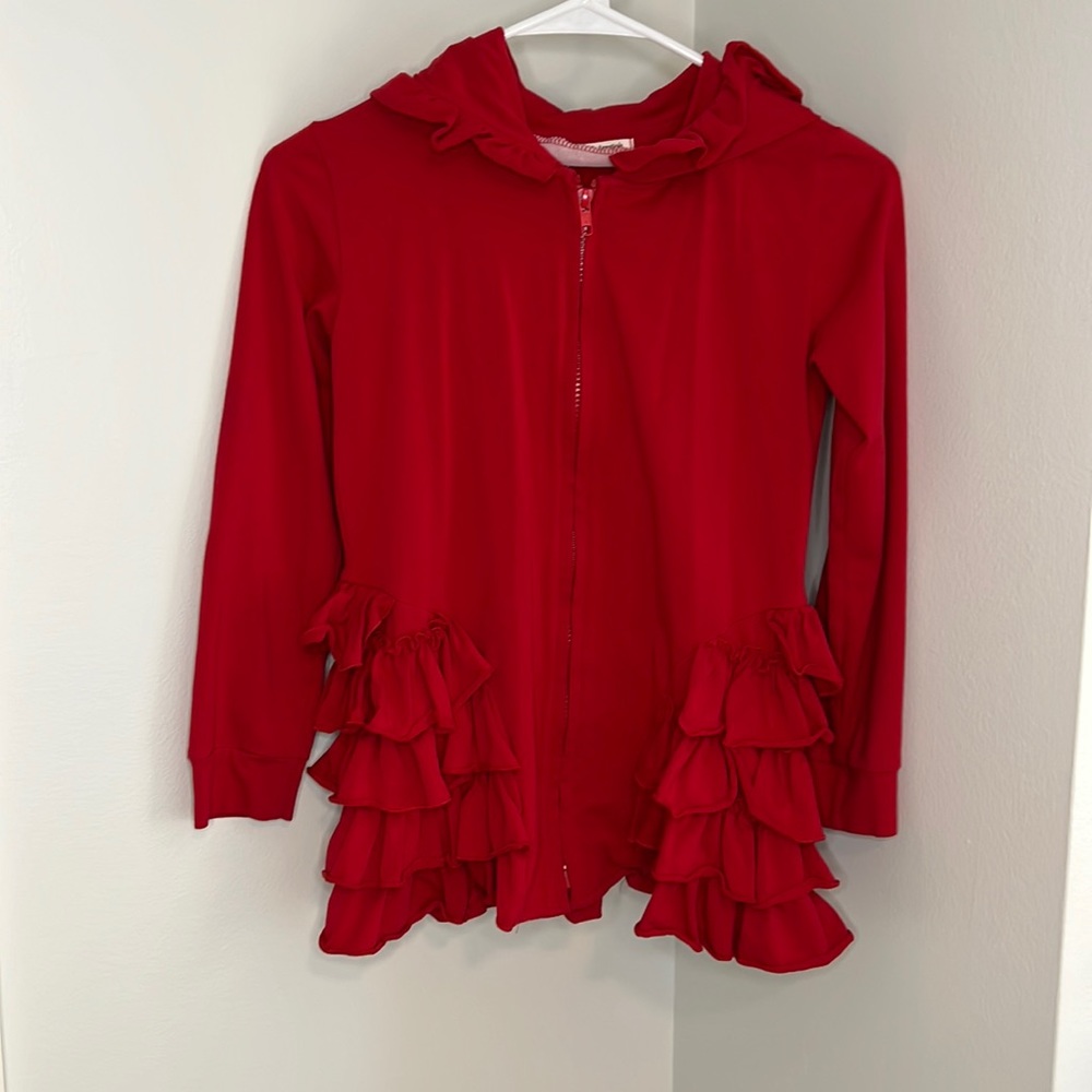 Red, ruffled, zip up with hoodie , kids size 10T